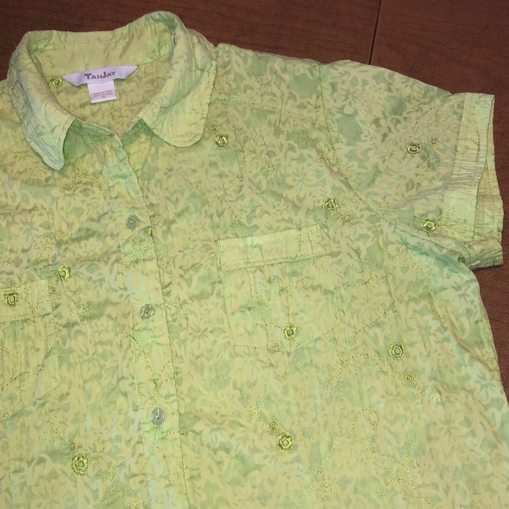 TANJAY Green Button Down Embroidered Floral Top 16